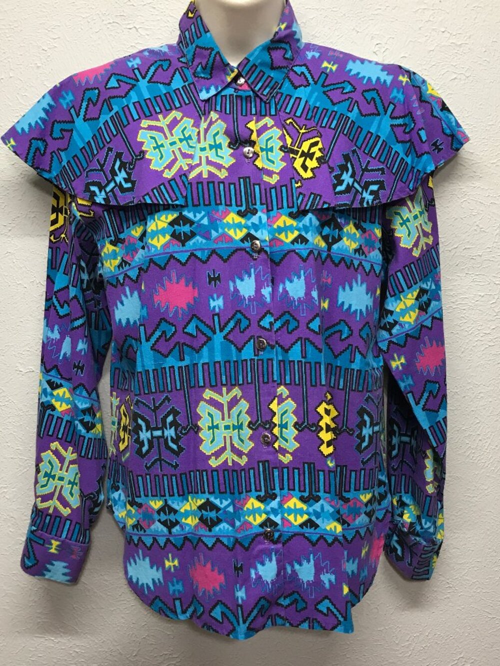 Wagon Wheels Shirt Womens M Purple Aztec Southwestern Cape Yoke Vintage 90s Top